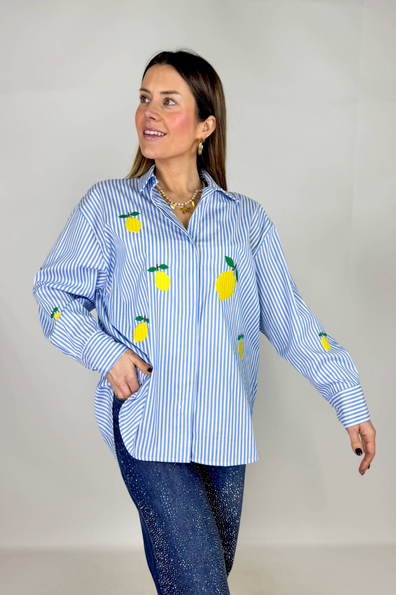 Camicia a righe da donna con ricami colorati, ideale per la primavera estate. Stile casual chic.