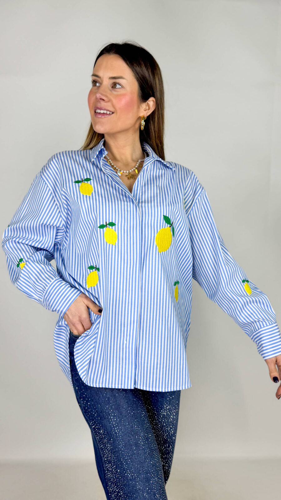 Camicia a righe da donna con ricami colorati, ideale per la primavera estate. Stile casual chic.