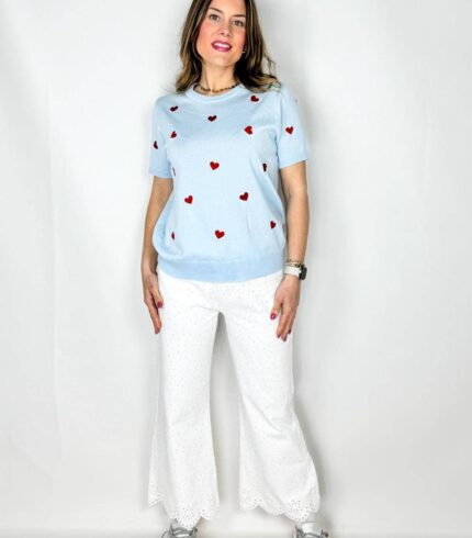 Jeans Star White Gamba dritta con strass e sangallo