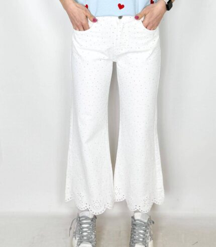 Jeans Star White Gamba dritta con strass, sangallo