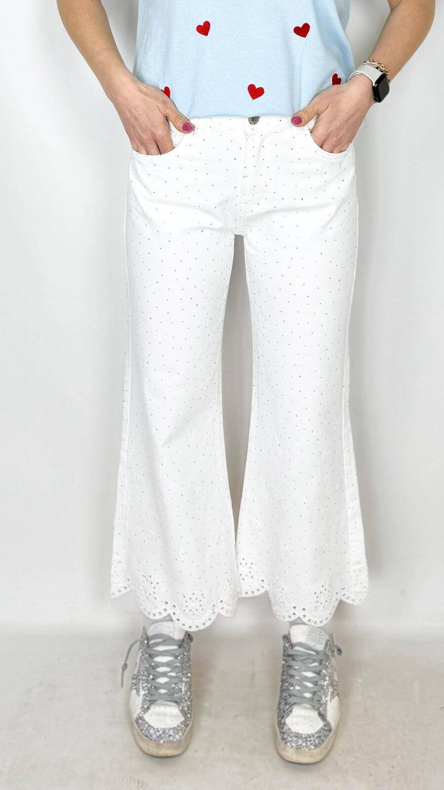 Jeans Star White Gamba dritta con strass, sangallo